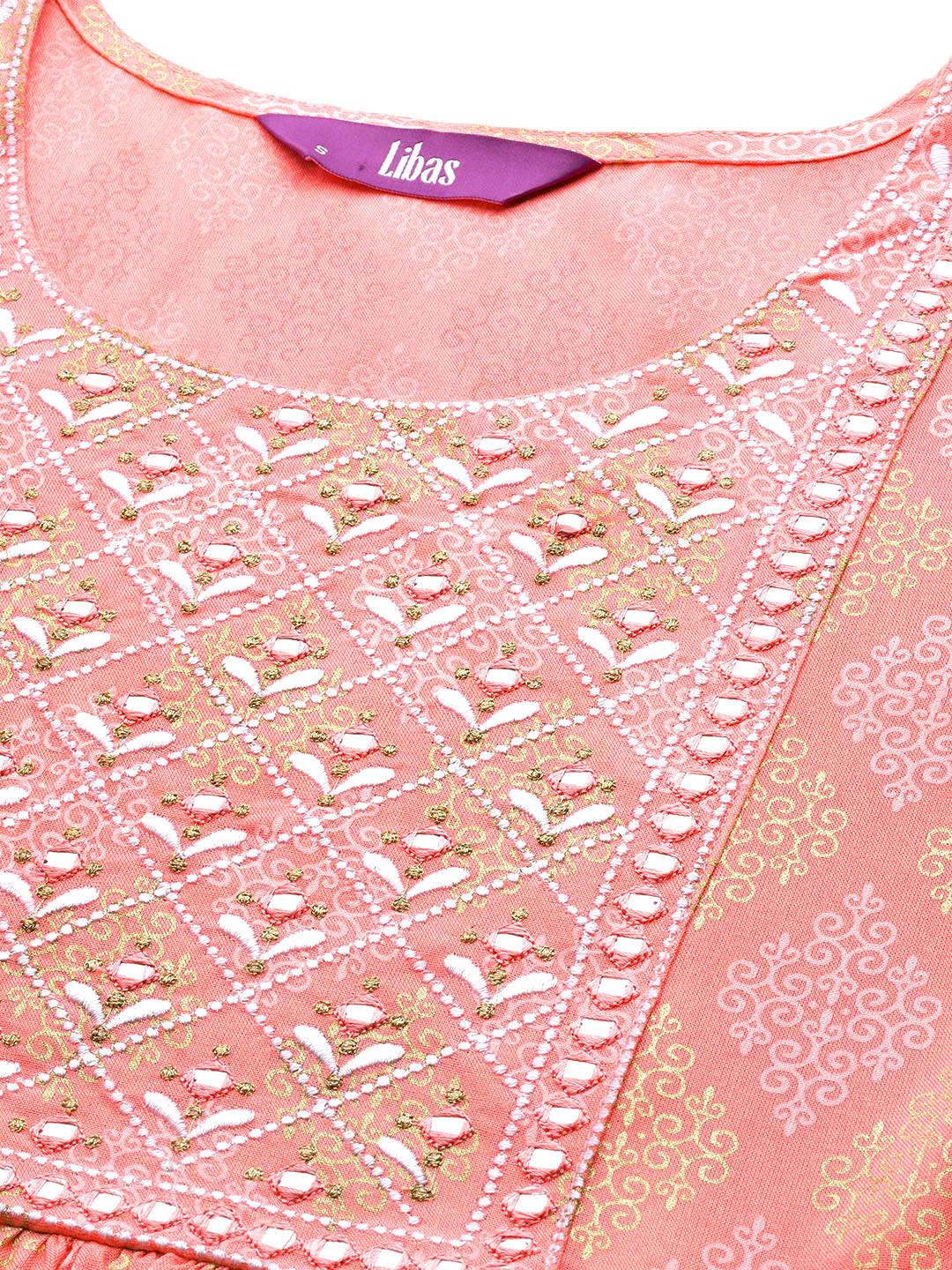 Pink Embellished Rayon A-Line Kurta - Libas