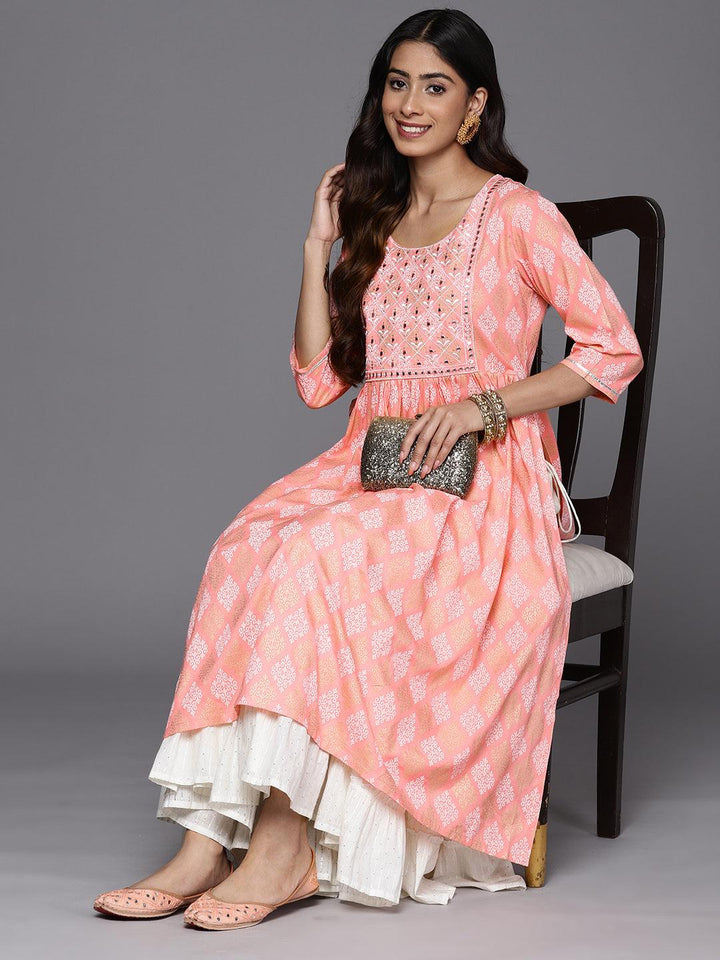 Pink Embellished Rayon A-Line Kurta - Libas