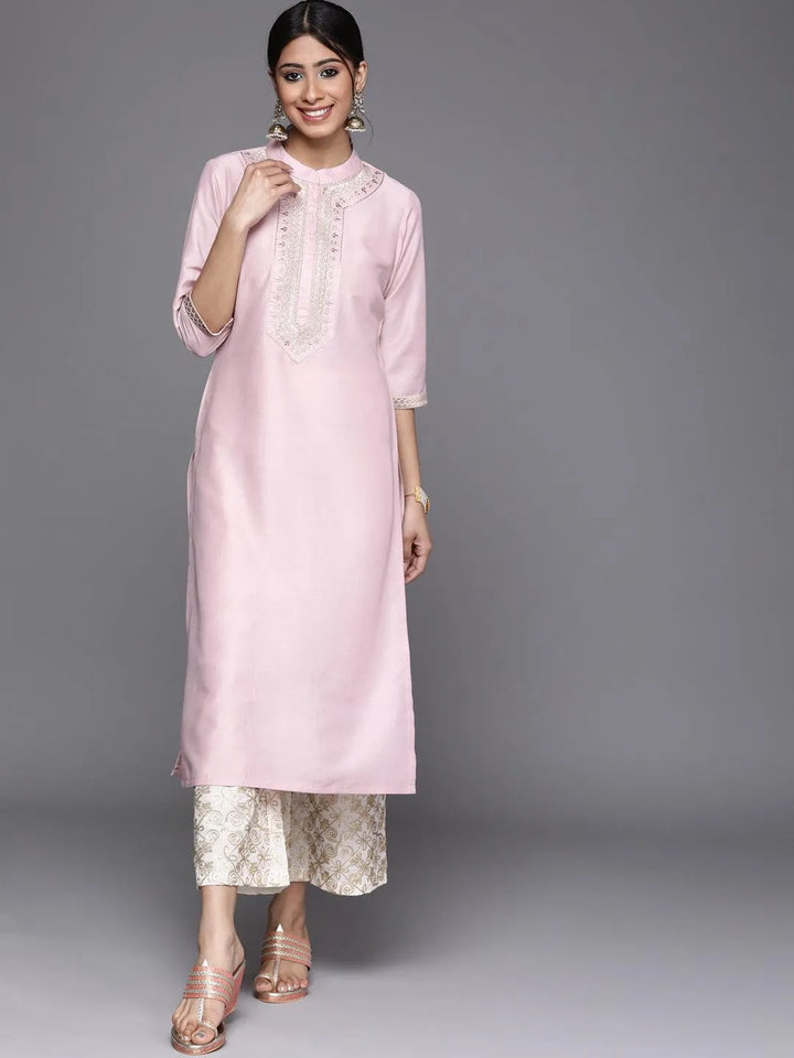 Pink Embroidered Chanderi Silk Kurta - Libas