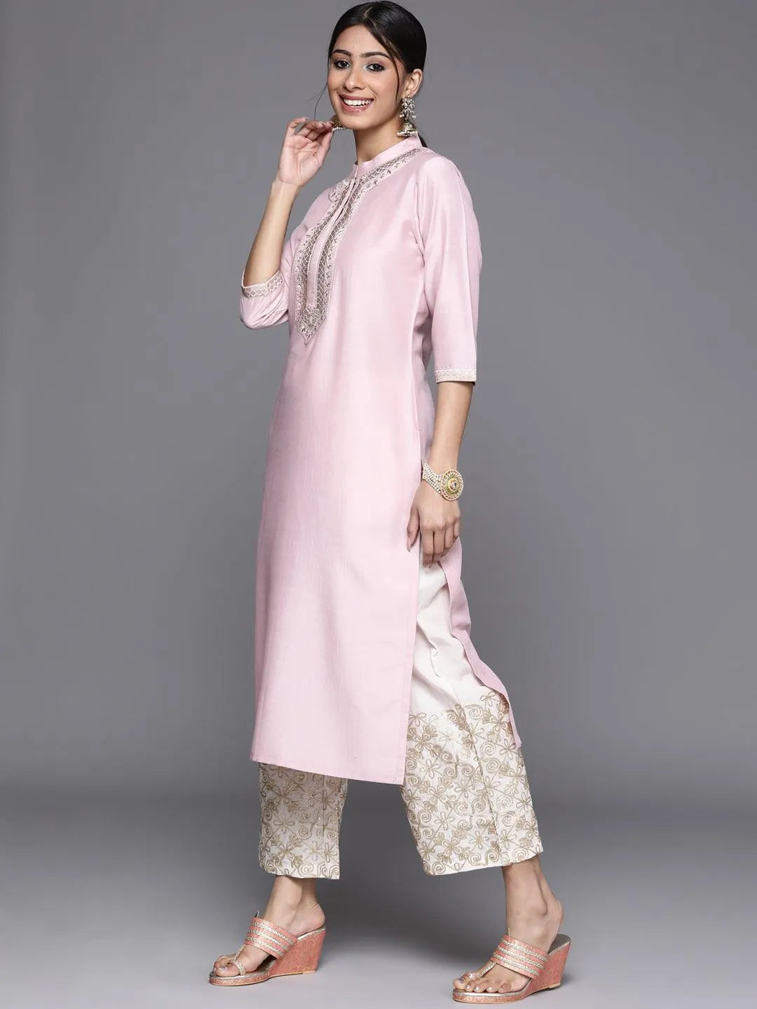 Pink Embroidered Chanderi Silk Kurta - Libas