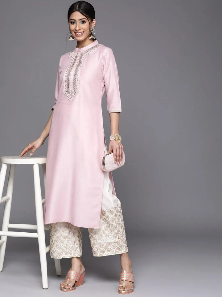 Pink Embroidered Chanderi Silk Kurta - Libas