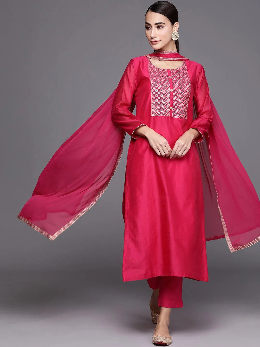 

Pink Embroidered Chanderi Silk Straight Kurta With Dupatta