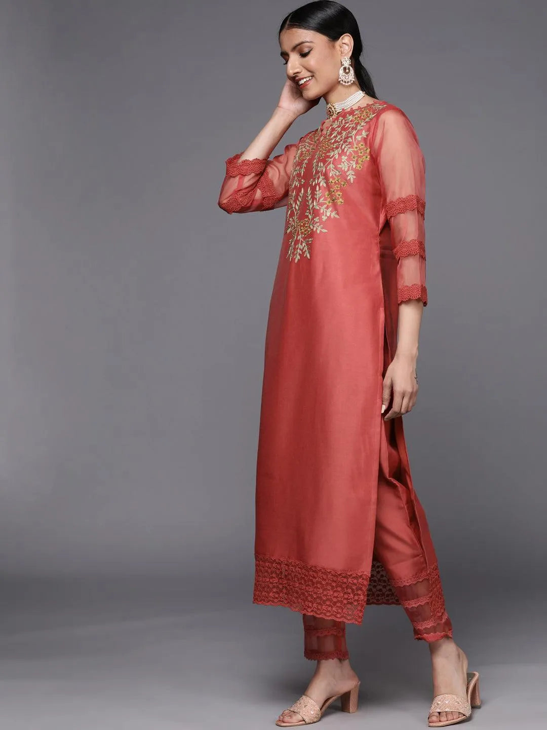 Pink Embroidered Chanderi Silk Straight Suit Set - Libas 