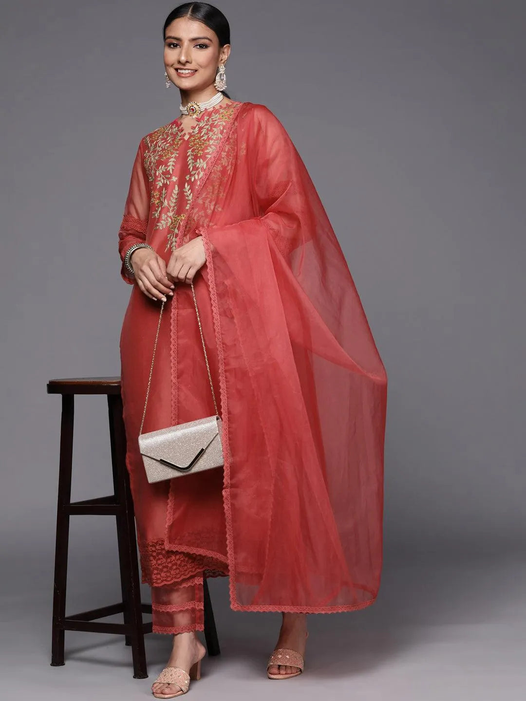 Pink Embroidered Chanderi Silk Straight Suit Set - Libas 