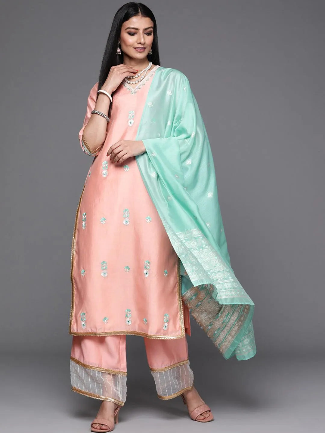 Pink Embroidered Chanderi Silk Suit Set - Libas 