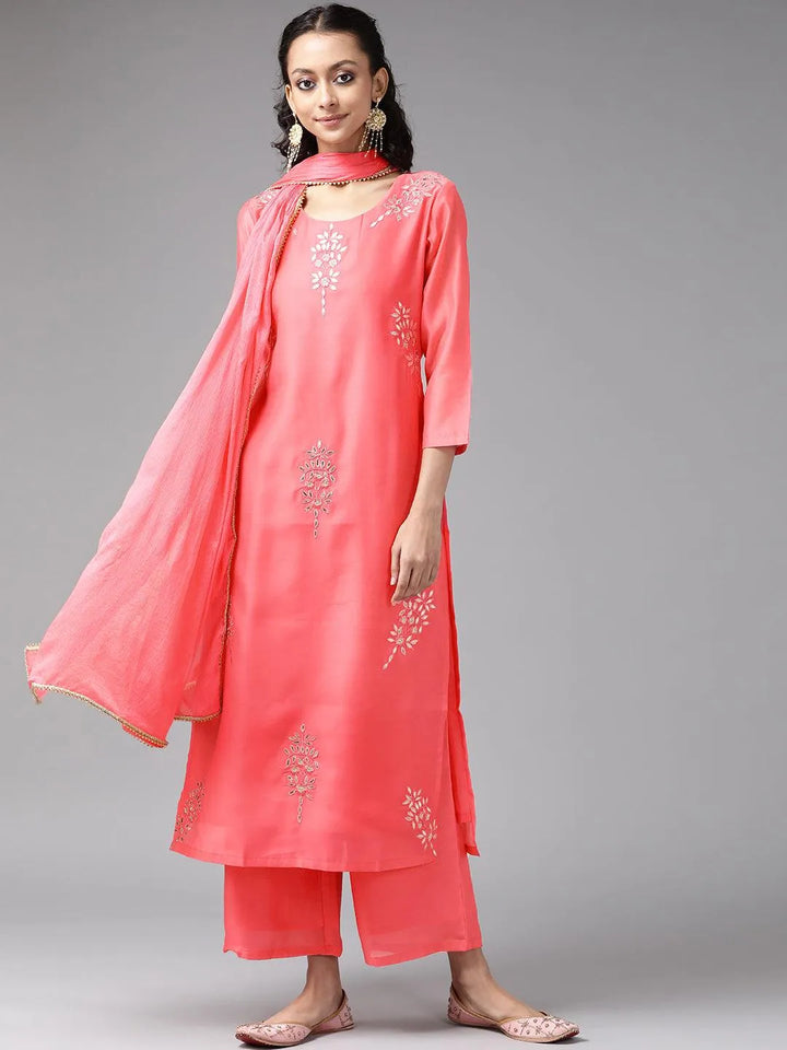 Pink Embroidered Chanderi Silk Suit Set - Libas