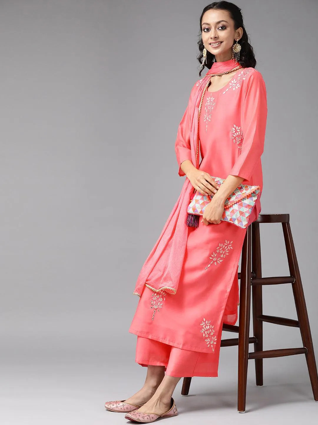 Pink Embroidered Chanderi Silk Suit Set - Libas