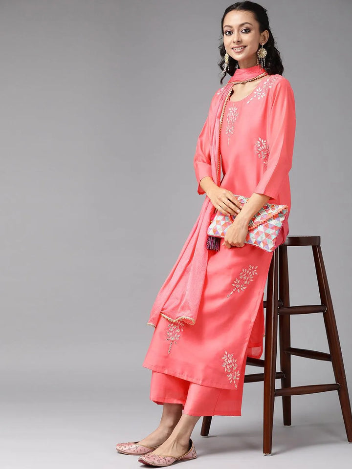 Pink Embroidered Chanderi Silk Suit Set - Libas