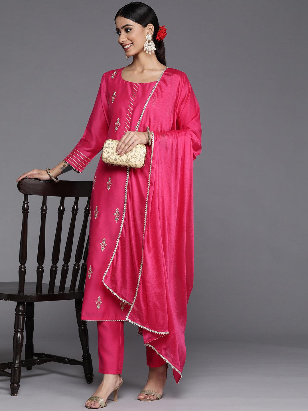 Pink Embroidered Chanderi Silk Straight Kurta With Trousers & Dupatta