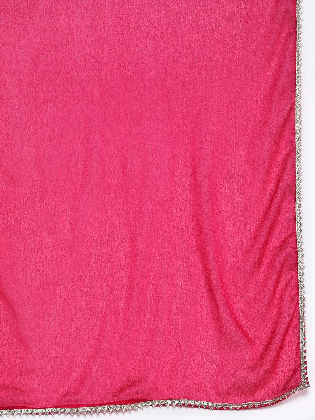 Pink Embroidered Chanderi Silk Straight Kurta With Trousers & Dupatta