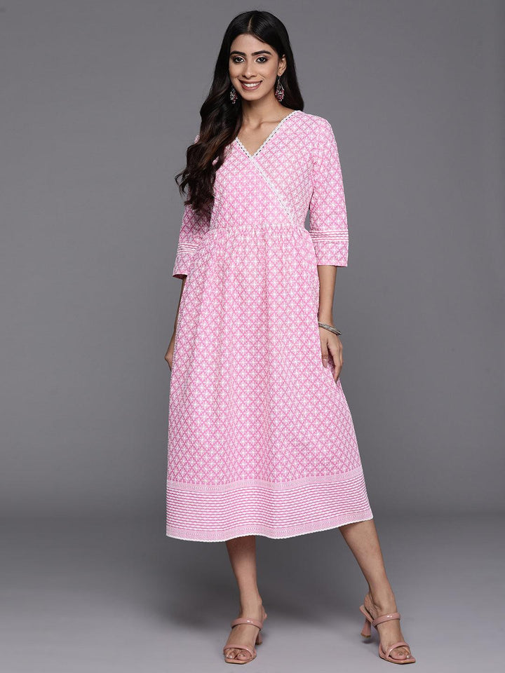 Pink Printed Cotton Fit and Flare Dress - Libas