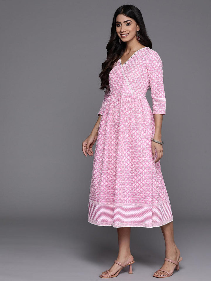 Pink Printed Cotton Fit and Flare Dress - Libas