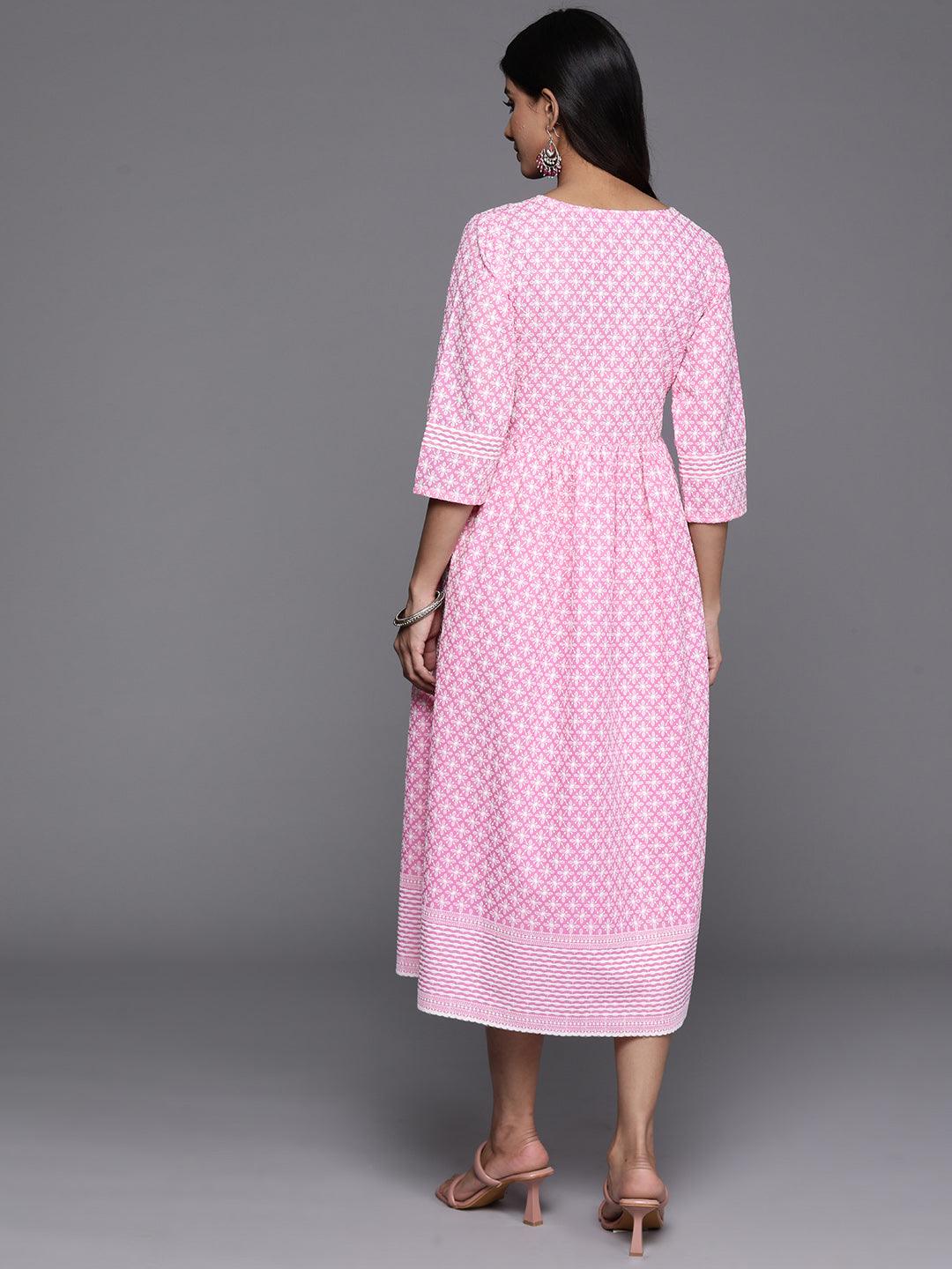 Pink Printed Cotton Fit and Flare Dress - Libas