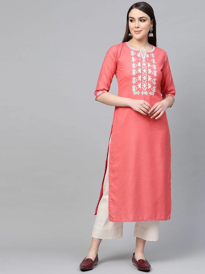 Pink Embroidered Cotton Kurta - Libas