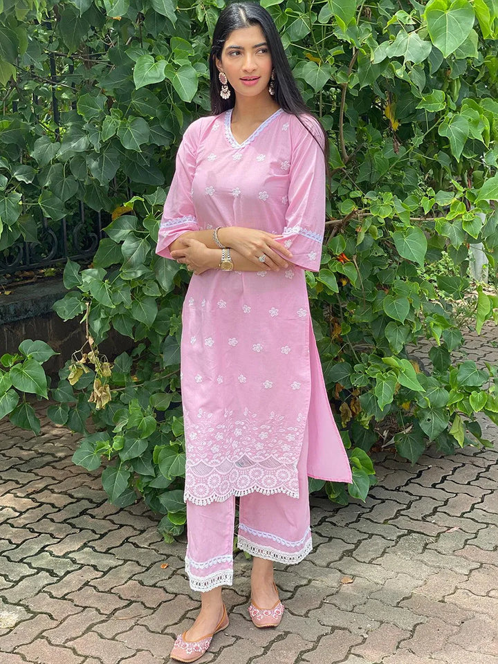 Pink Embroidered Cotton Kurta - Libas