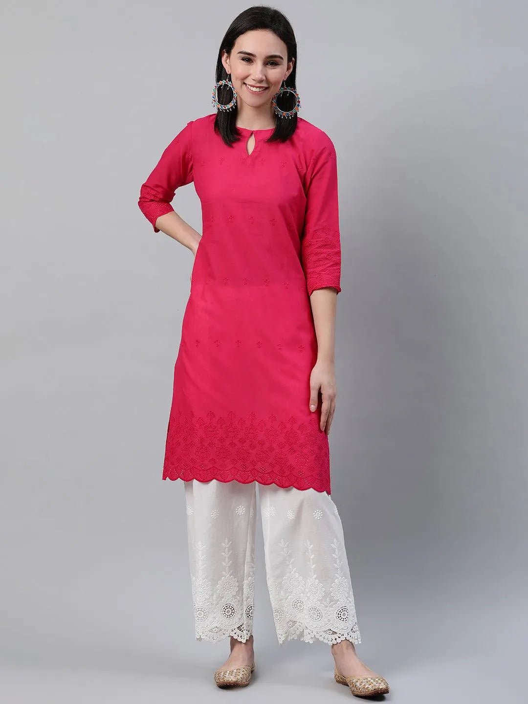 Pink Embroidered Cotton Kurta - Libas