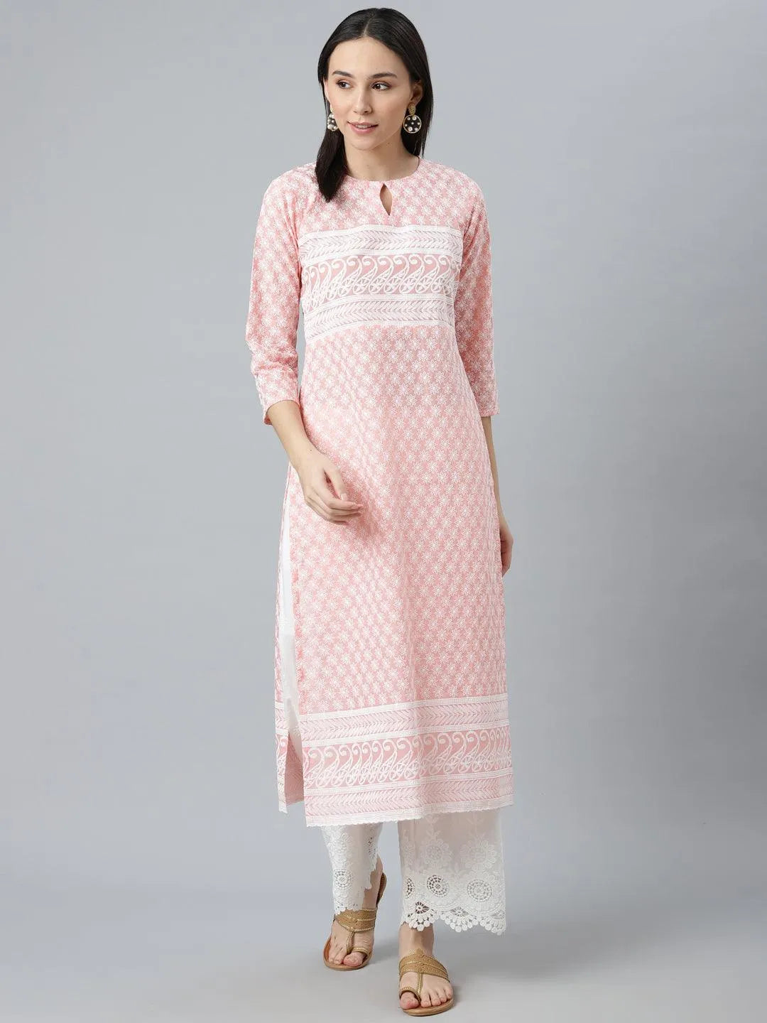 Pink Embroidered Cotton Kurta - Libas