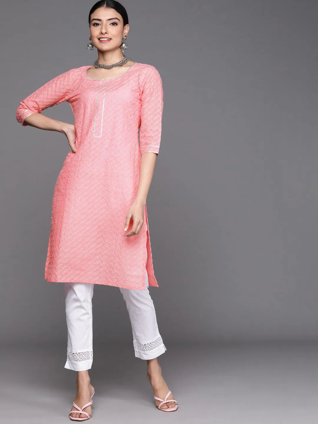 Pink Embroidered Cotton Kurta - Libas