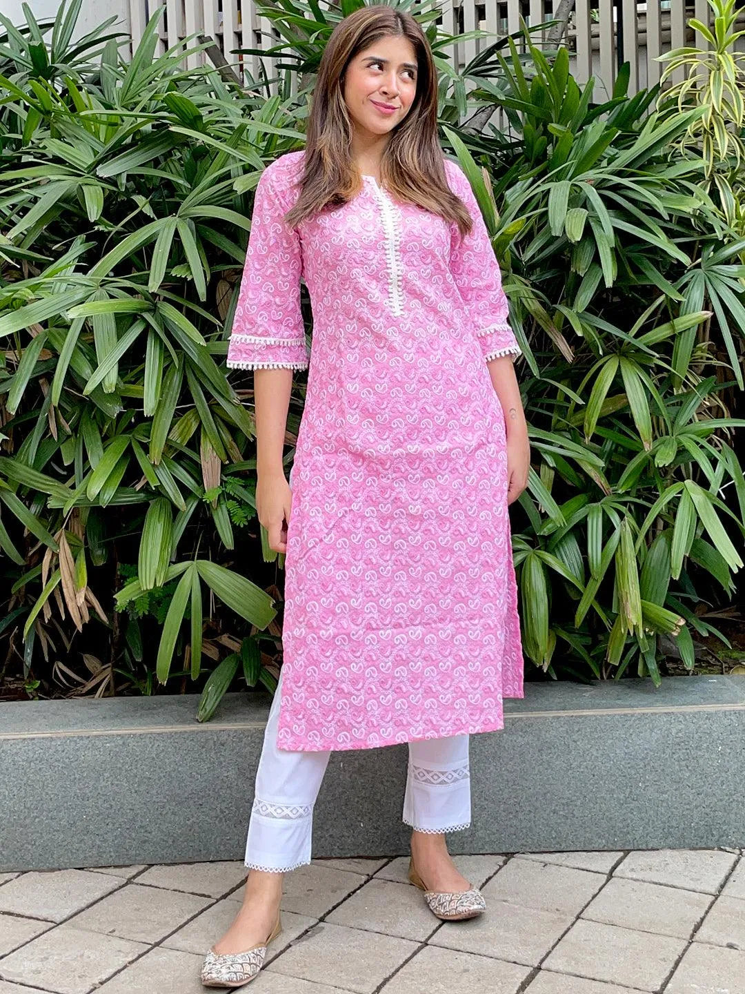 Pink Embroidered Cotton Kurta - Libas 