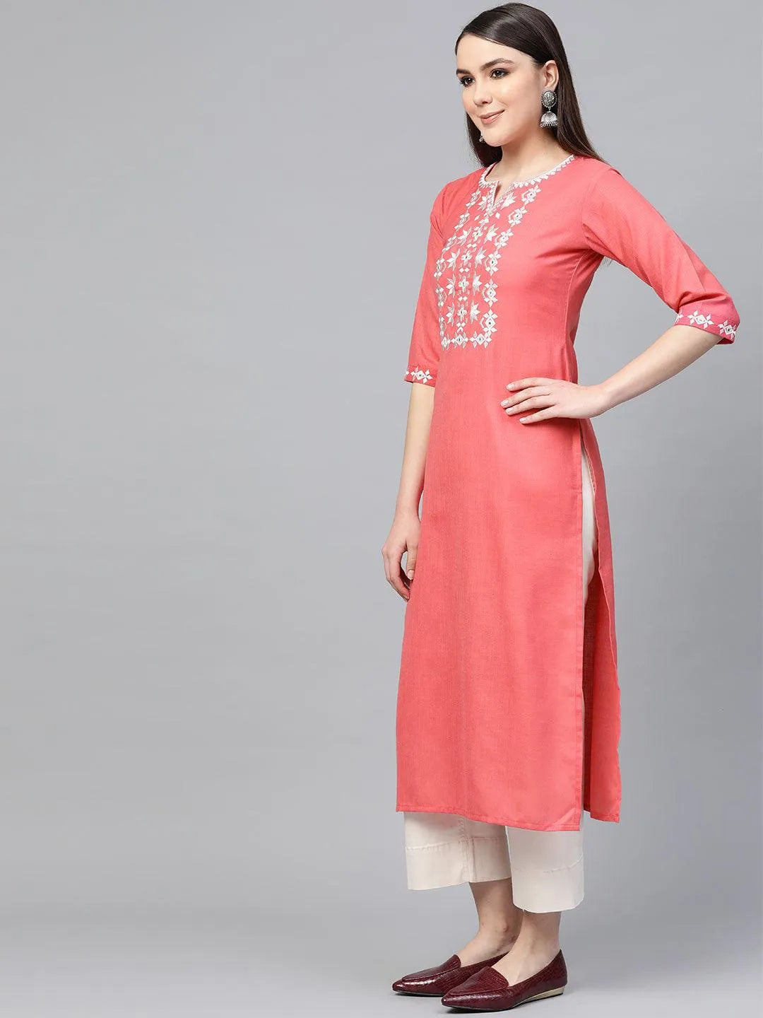 Pink Embroidered Cotton Kurta - Libas