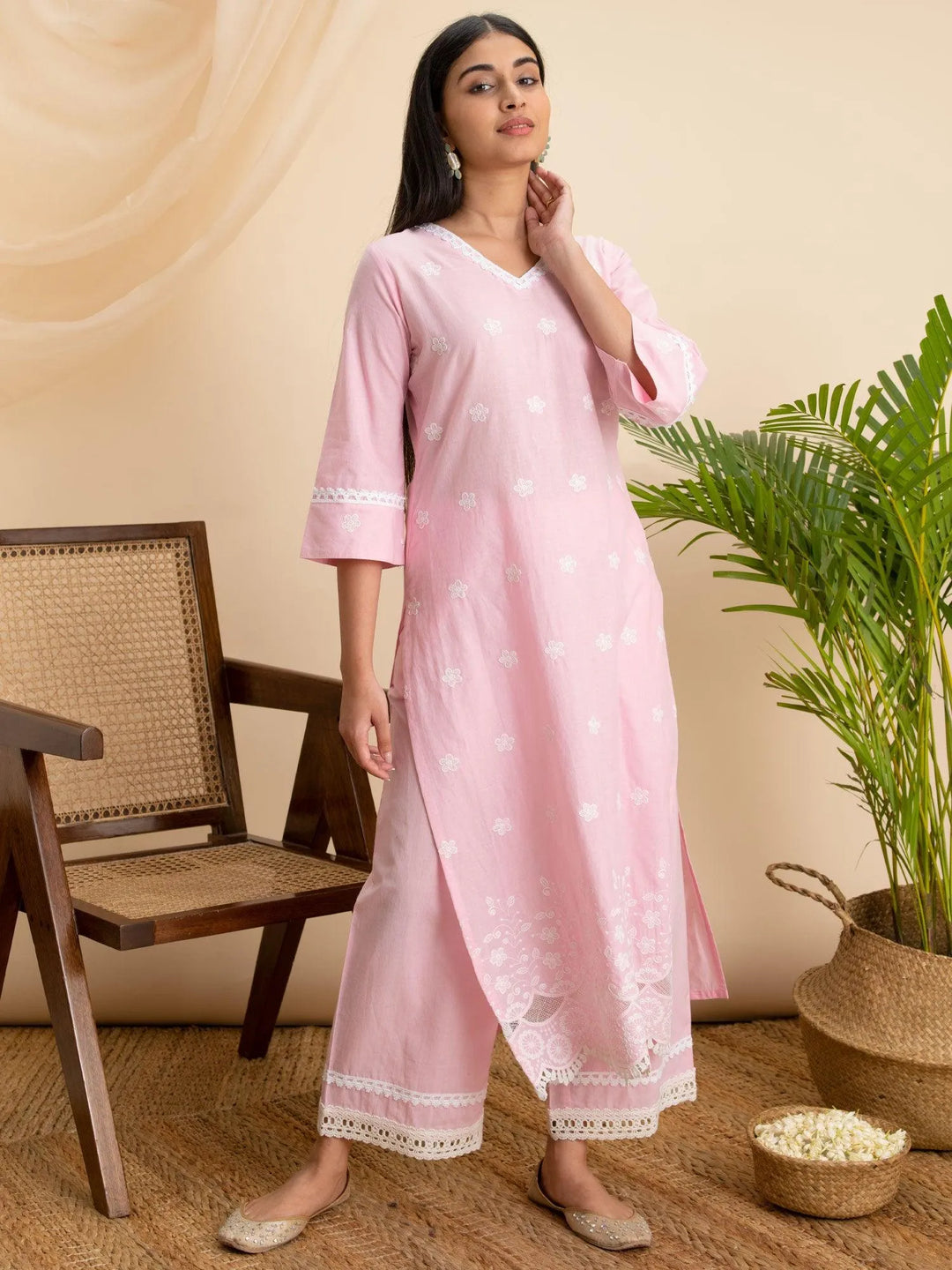 Pink Embroidered Cotton Kurta - Libas