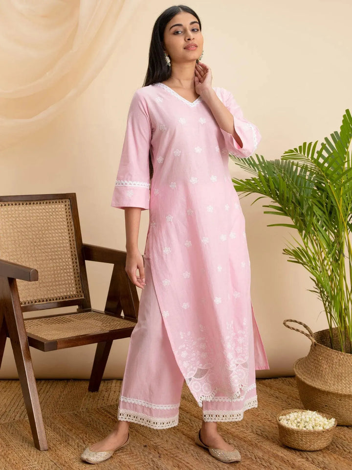 Pink Embroidered Cotton Kurta - Libas