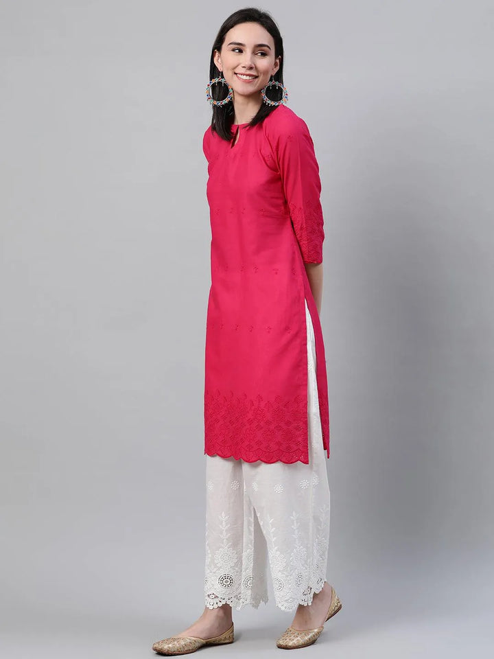 Pink Embroidered Cotton Kurta - Libas