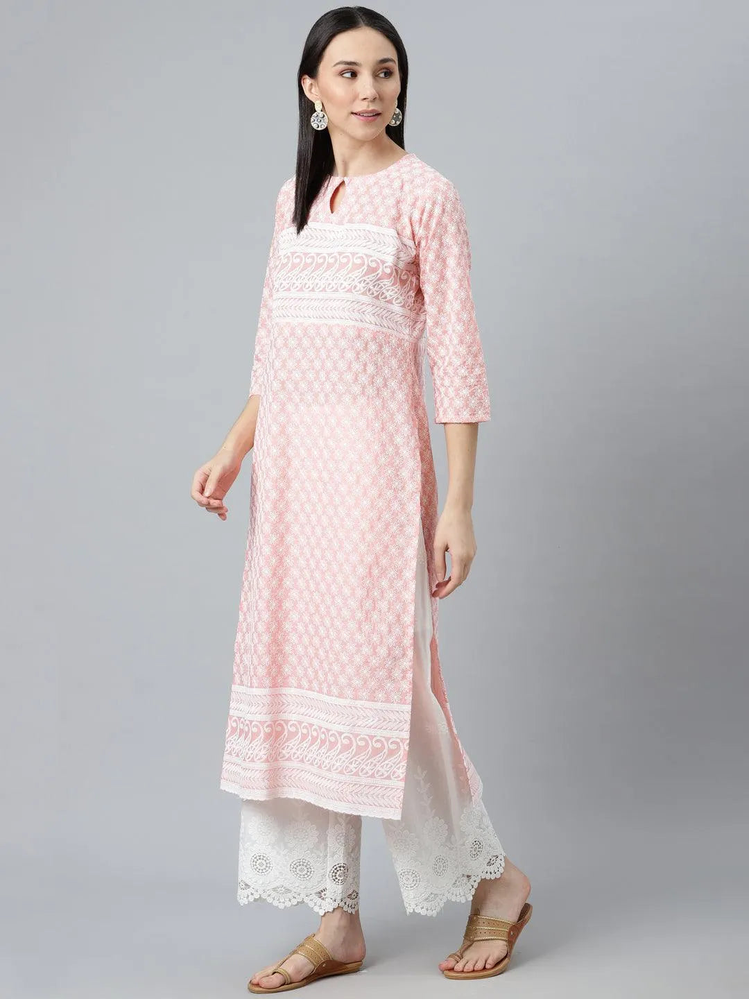 Pink Embroidered Cotton Kurta - Libas