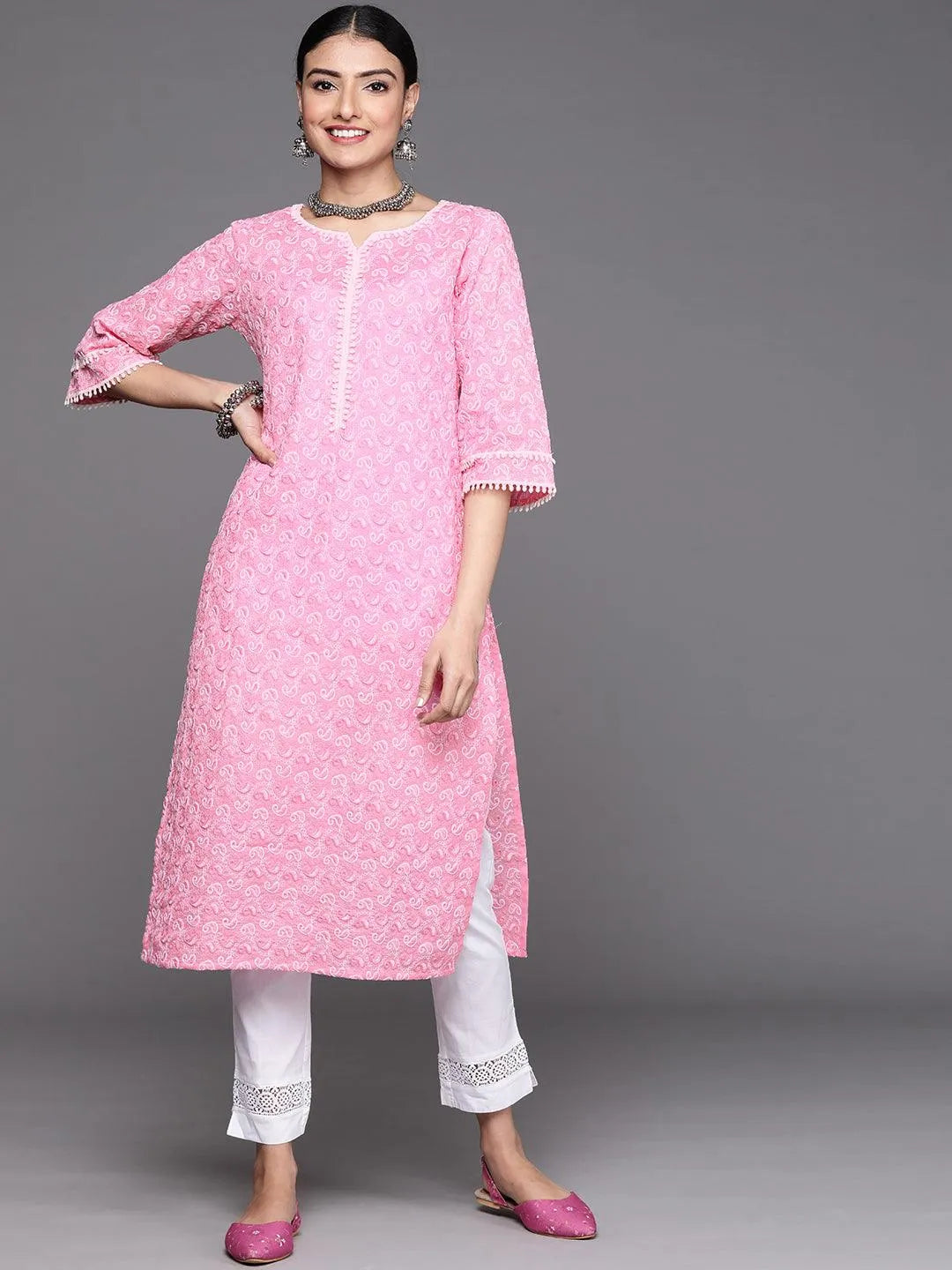 Pink Embroidered Cotton Kurta - Libas 