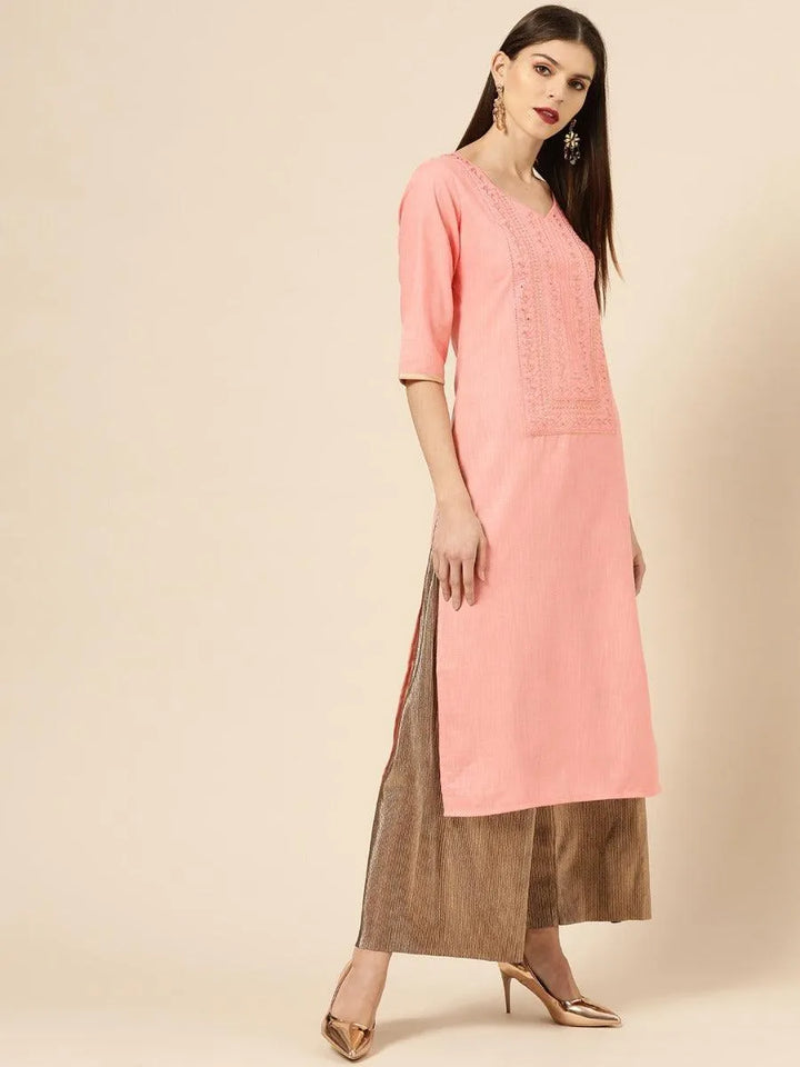 Pink Embroidered Cotton Kurta - Libas