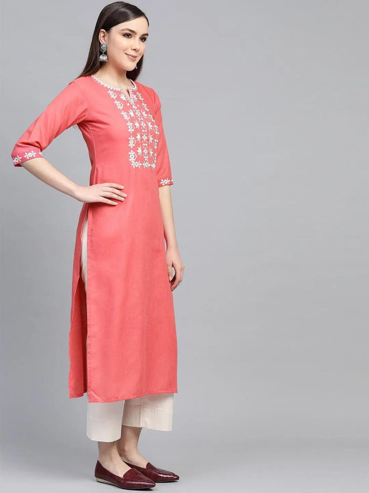 Pink Embroidered Cotton Kurta - Libas