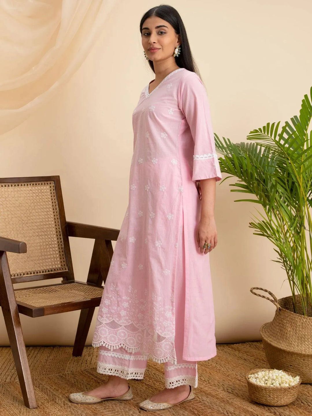 Pink Embroidered Cotton Kurta - Libas