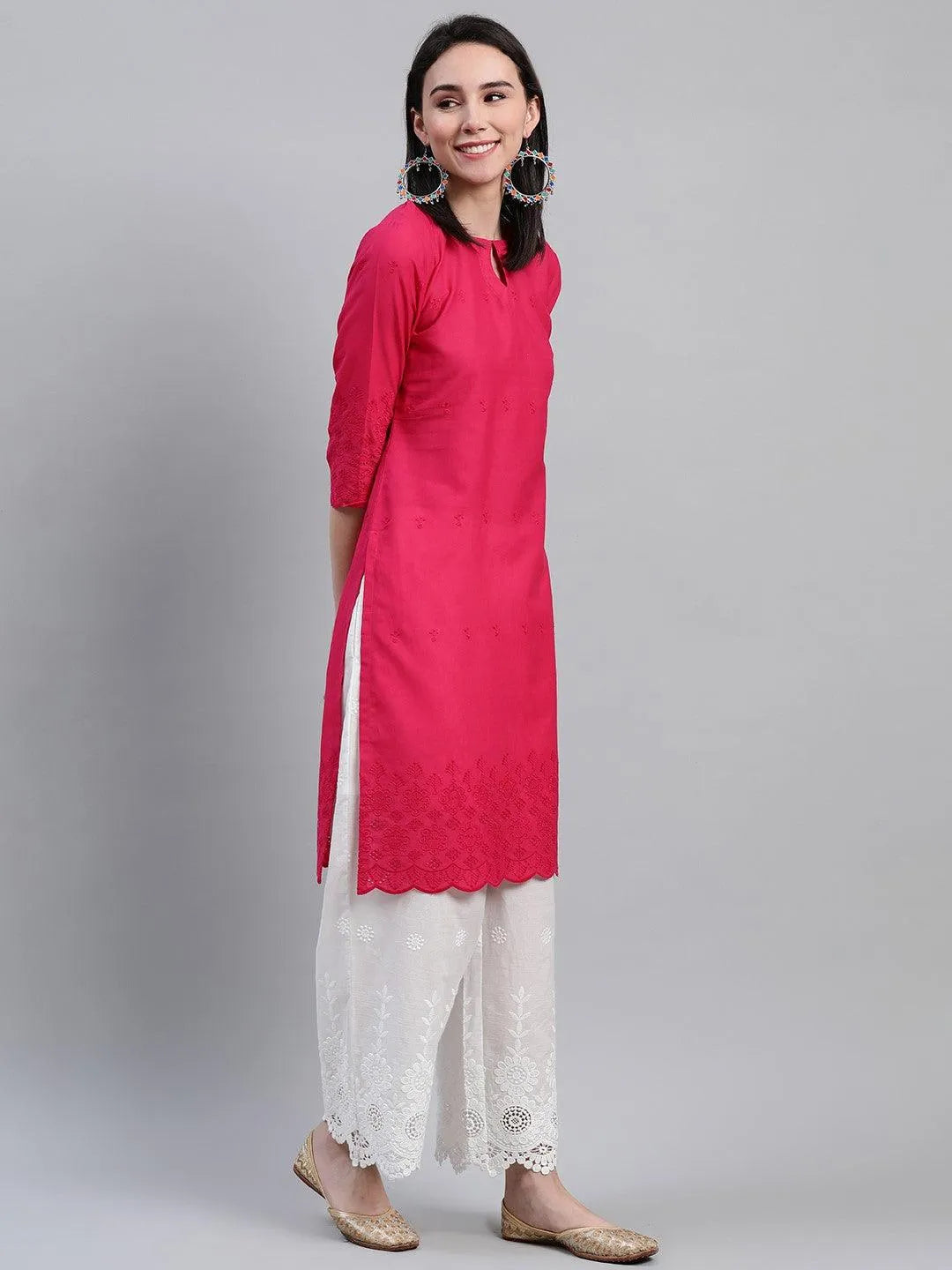 Pink Embroidered Cotton Kurta - Libas