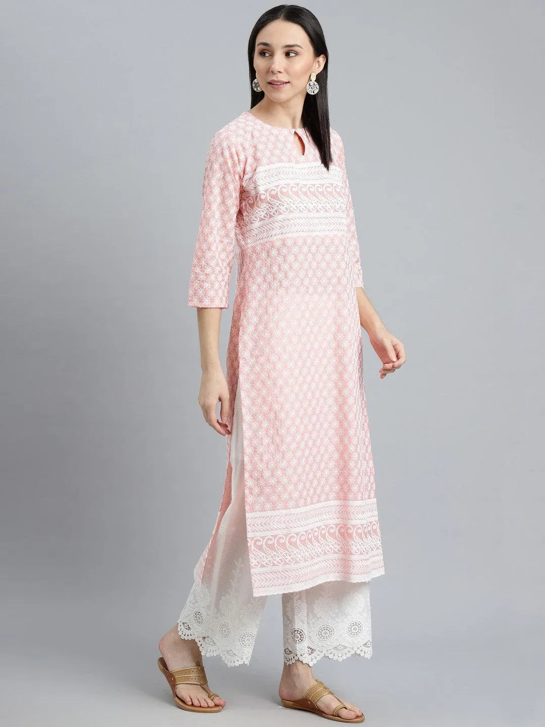 Pink Embroidered Cotton Kurta - Libas