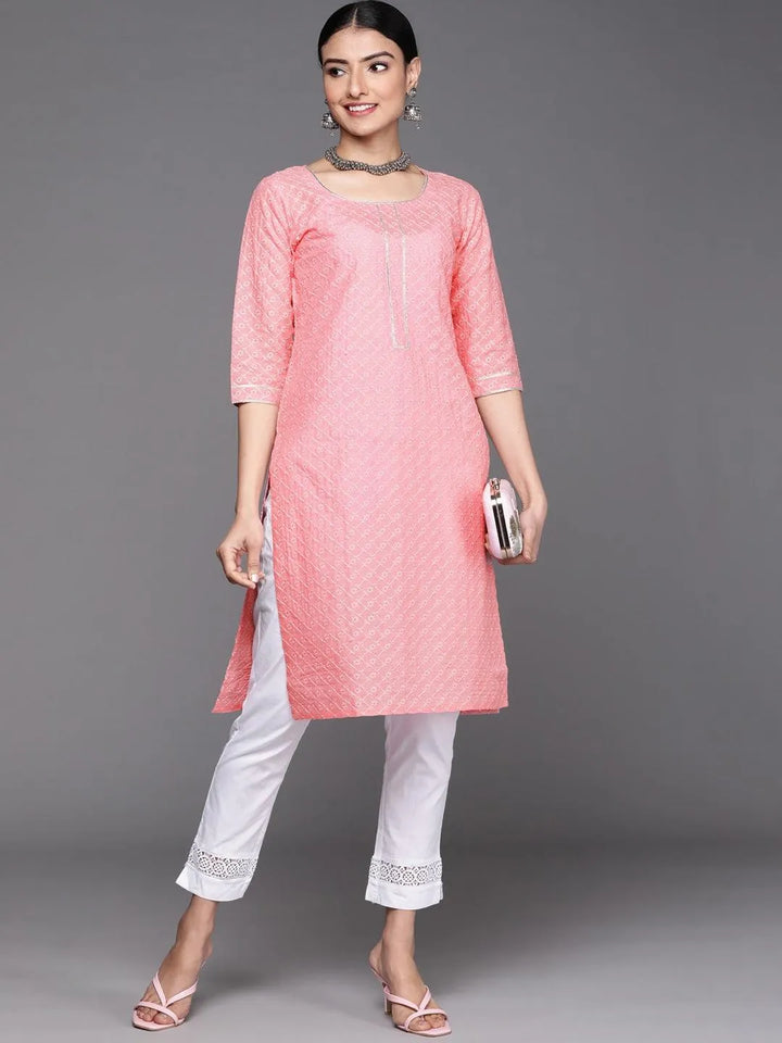 Pink Embroidered Cotton Kurta - Libas