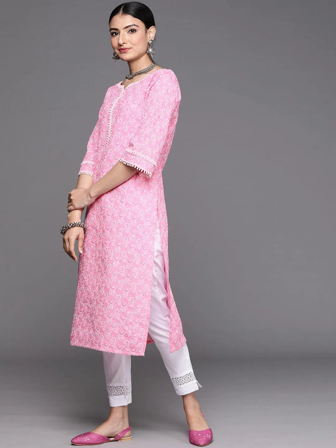 Pink Embroidered Cotton Kurta - Libas 