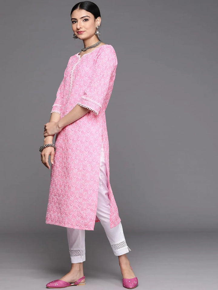 Pink Embroidered Cotton Kurta - Libas