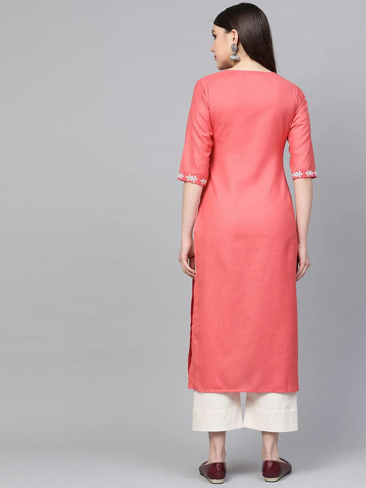 Pink Embroidered Cotton Kurta - Libas