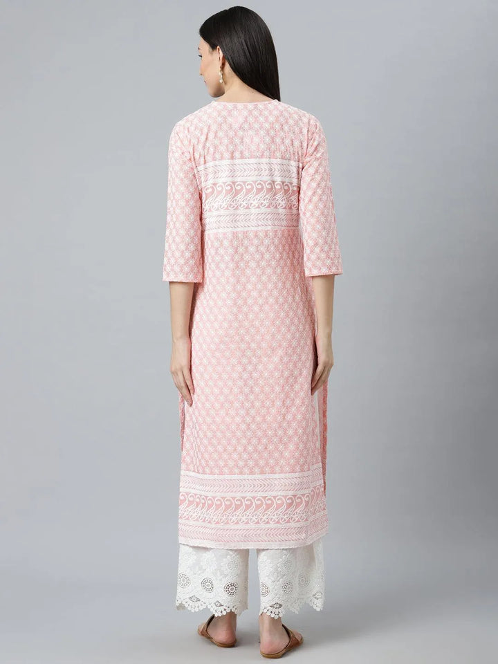 Pink Embroidered Cotton Kurta - Libas