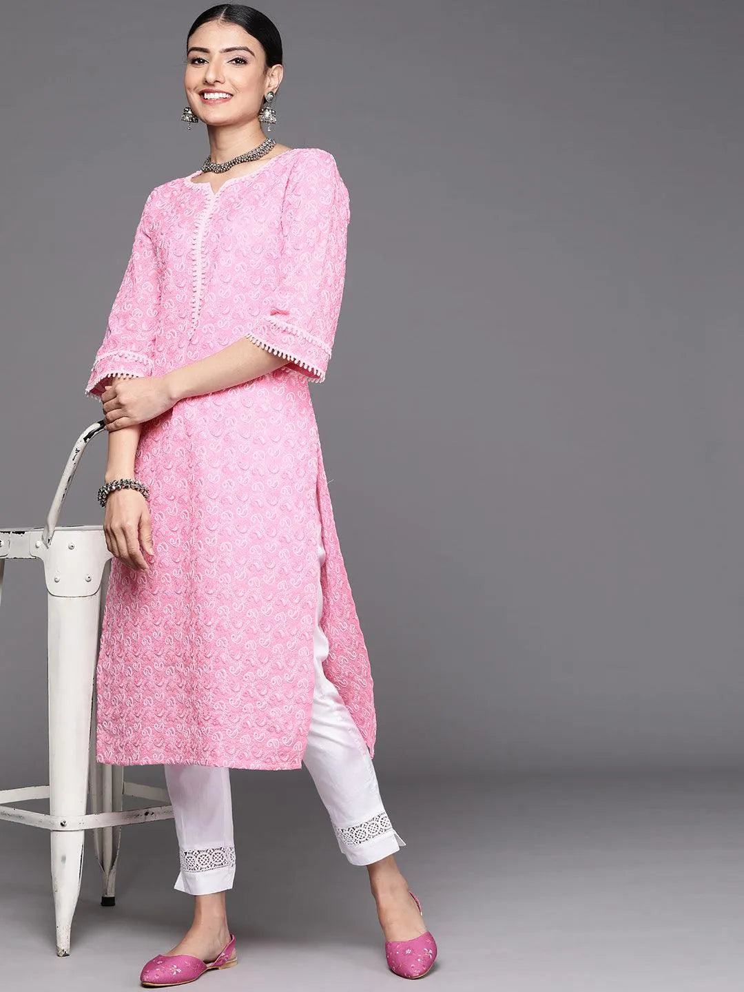 Pink Embroidered Cotton Kurta - Libas 