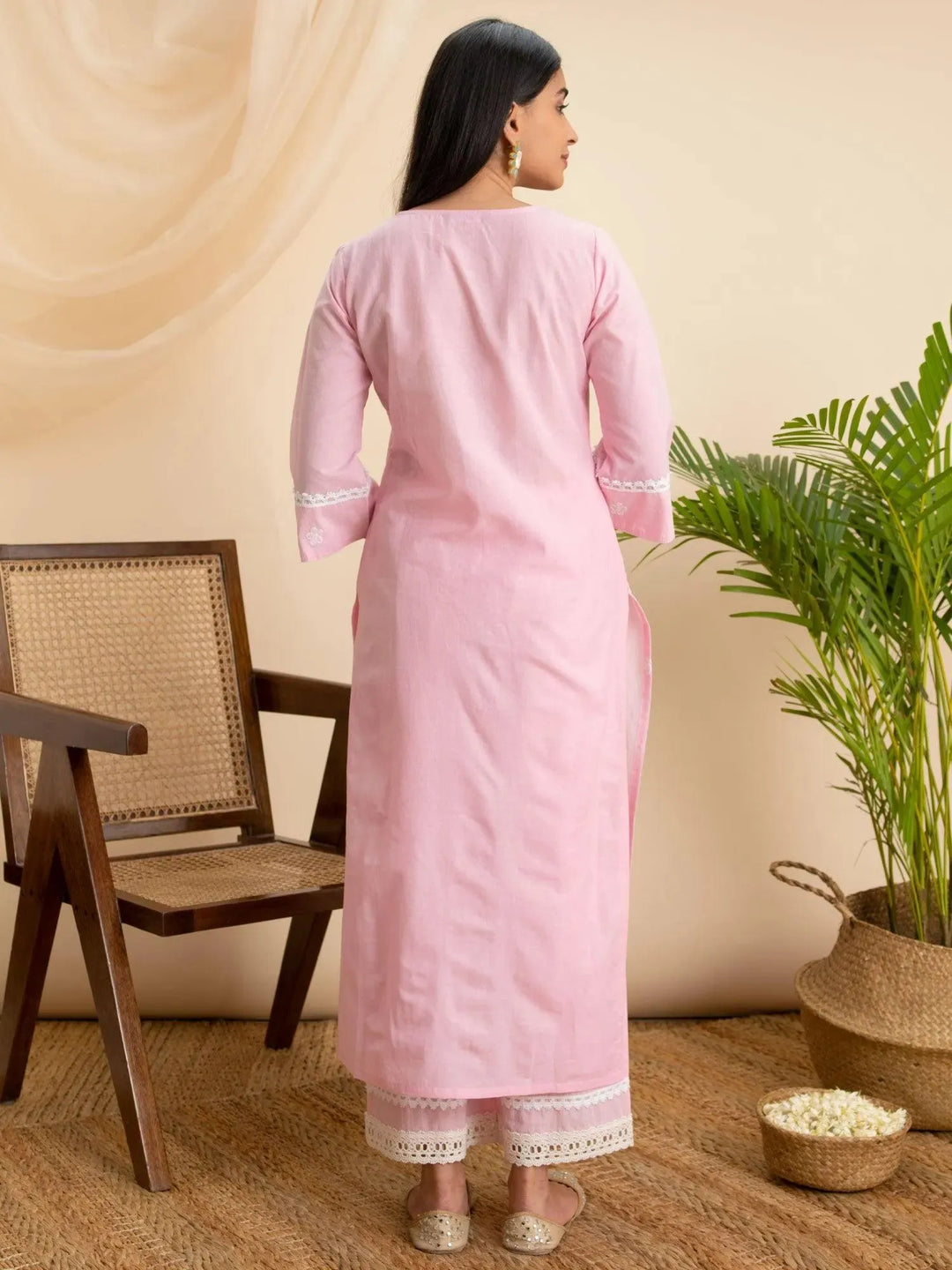 Pink Embroidered Cotton Kurta - Libas