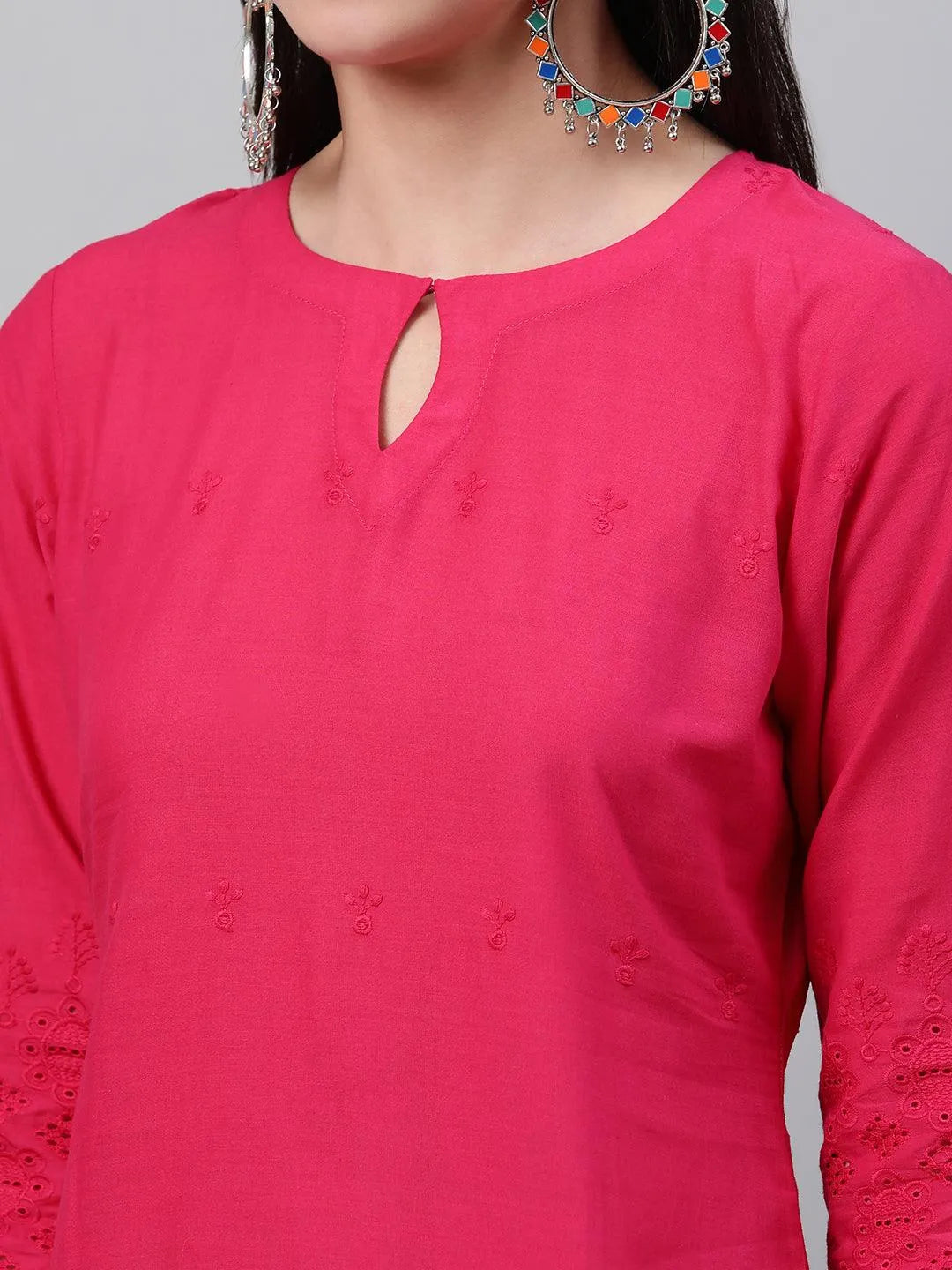 Pink Embroidered Cotton Kurta - Libas