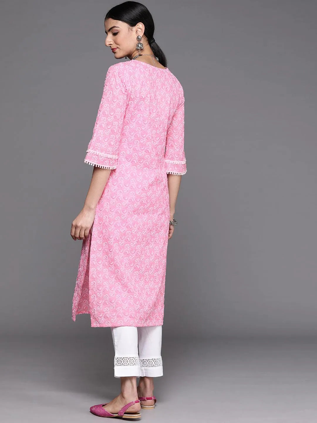 Pink Embroidered Cotton Kurta - Libas