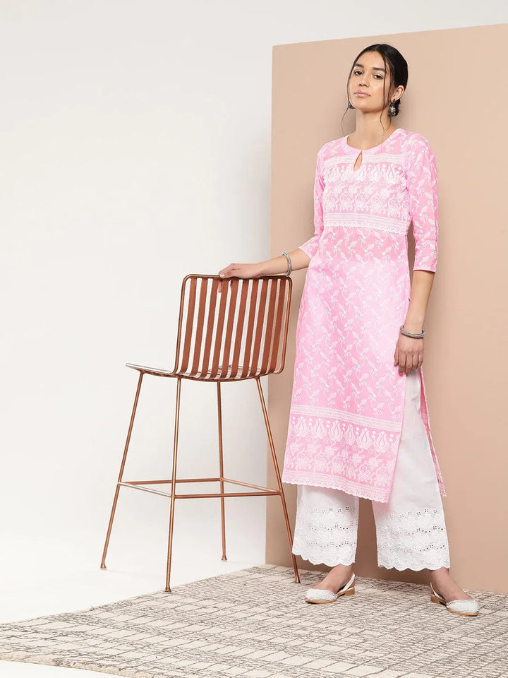 Pink Embroidered Cotton Straight Kurta - Libas