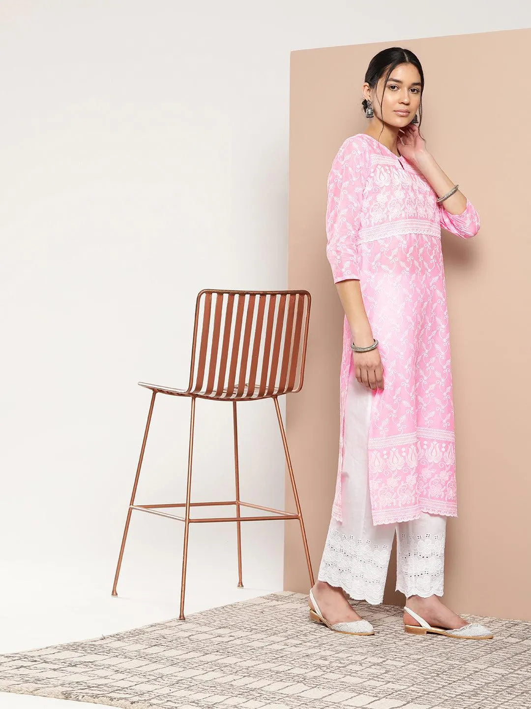 Pink Embroidered Cotton Straight Kurta - Libas