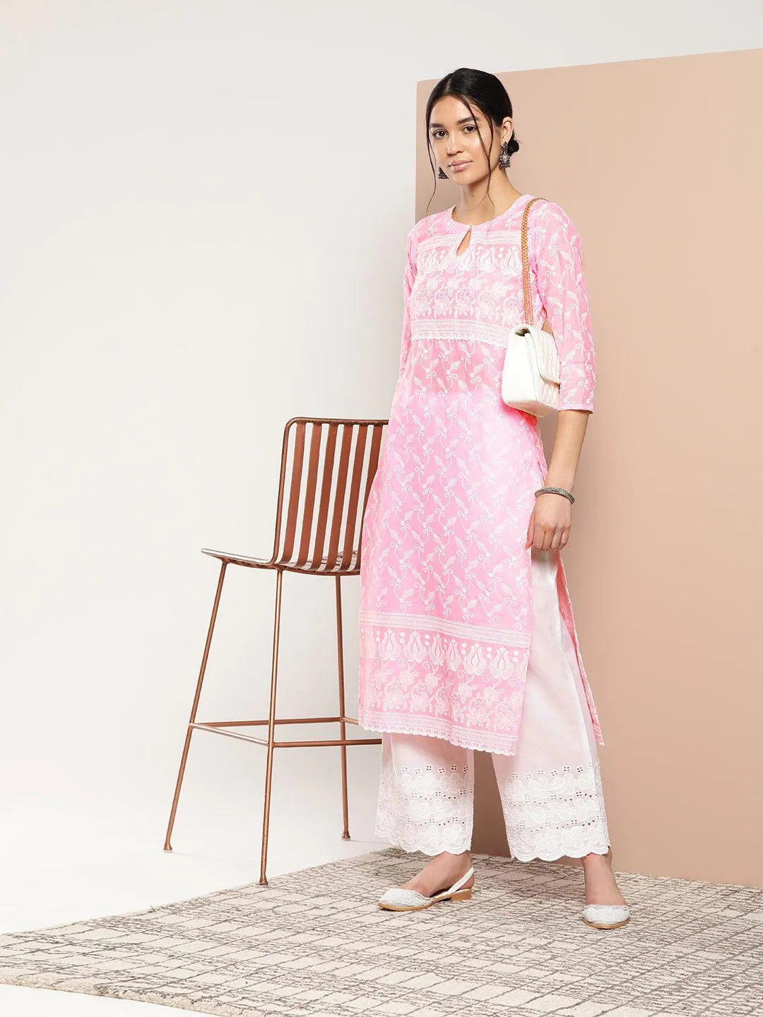 Pink Embroidered Cotton Straight Kurta - Libas