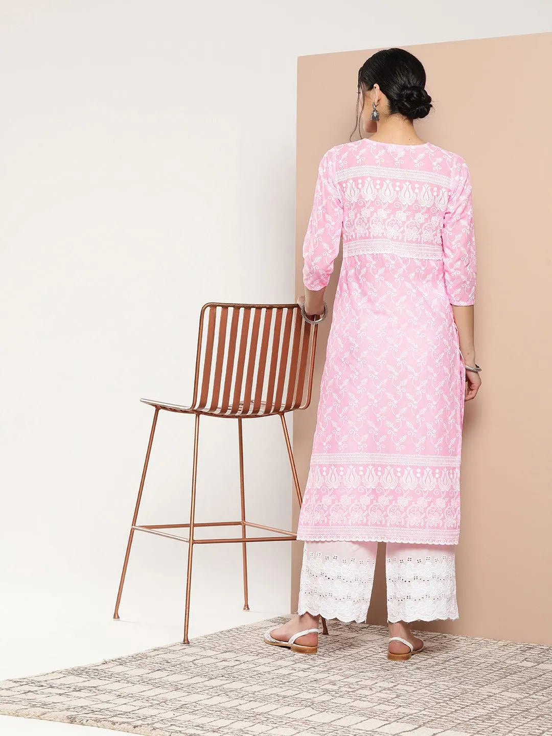 Pink Embroidered Cotton Straight Kurta - Libas