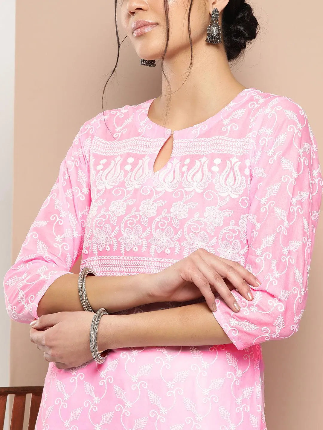 Pink Embroidered Cotton Straight Kurta - Libas