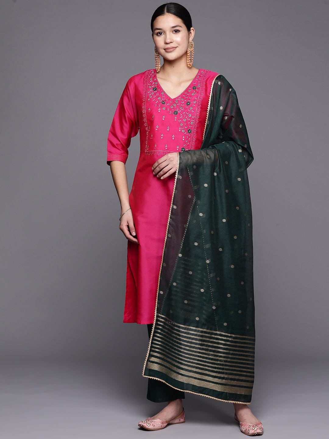 Pink Embroidered Cotton Straight Kurta With Trousers & Dupatta