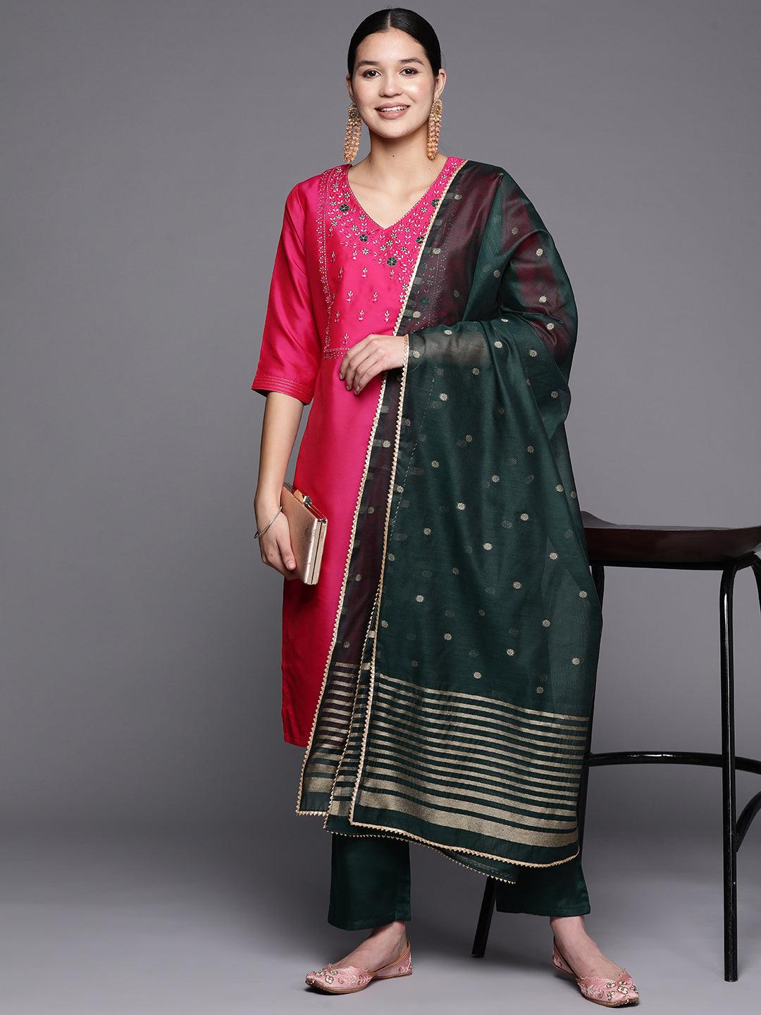 Pink Embroidered Cotton Straight Kurta With Trousers & Dupatta